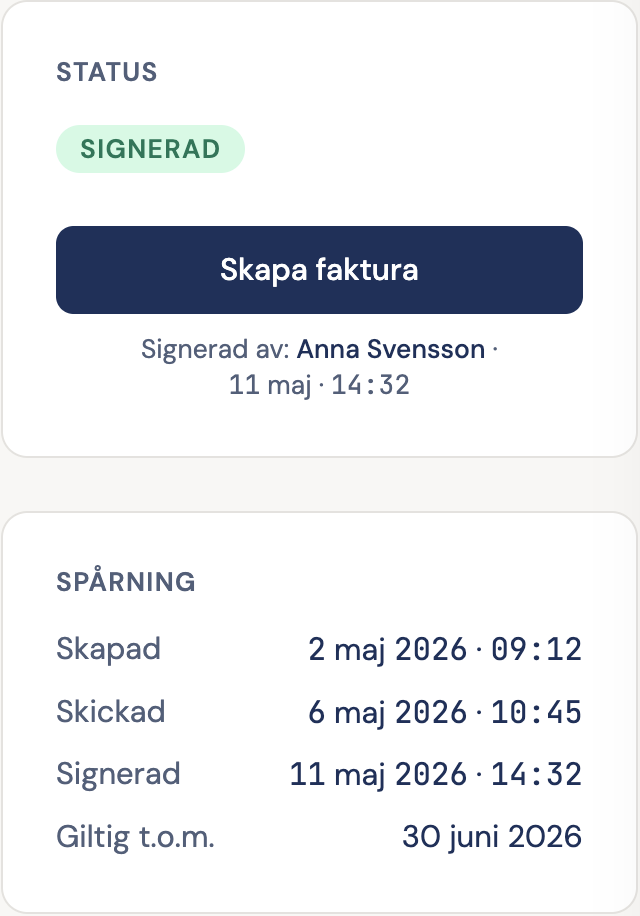 Bekräftelse — signerad offert